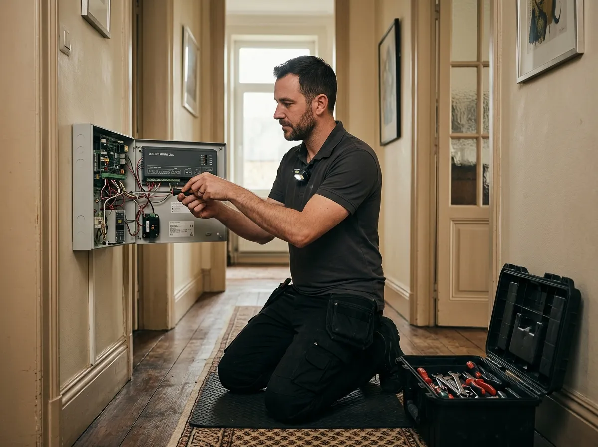 Technicien ouvrant une centrale d'alarme pour diagnostic, caisse à outils au sol