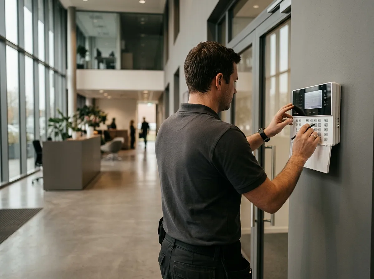 Technicien programmant une centrale d'alarme dans des bureaux