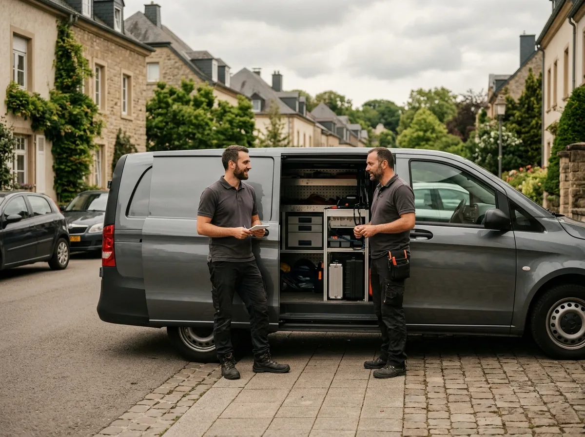 Deux techniciens d'Alarme & Protection devant leur véhicule d'intervention