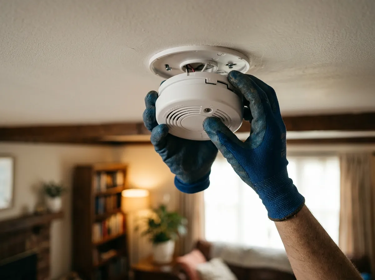 Mains gantées clipsant un détecteur de fumée sur son socle au plafond