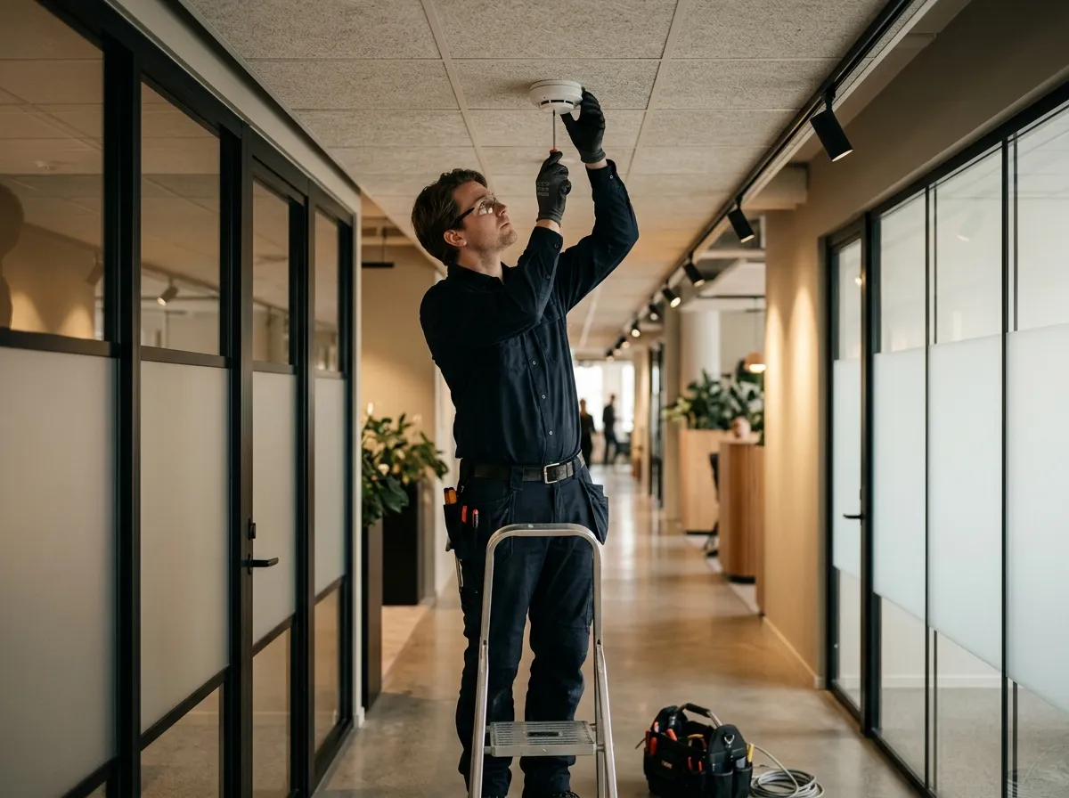 Technicien installant un détecteur incendie au plafond d'un couloir de bureaux