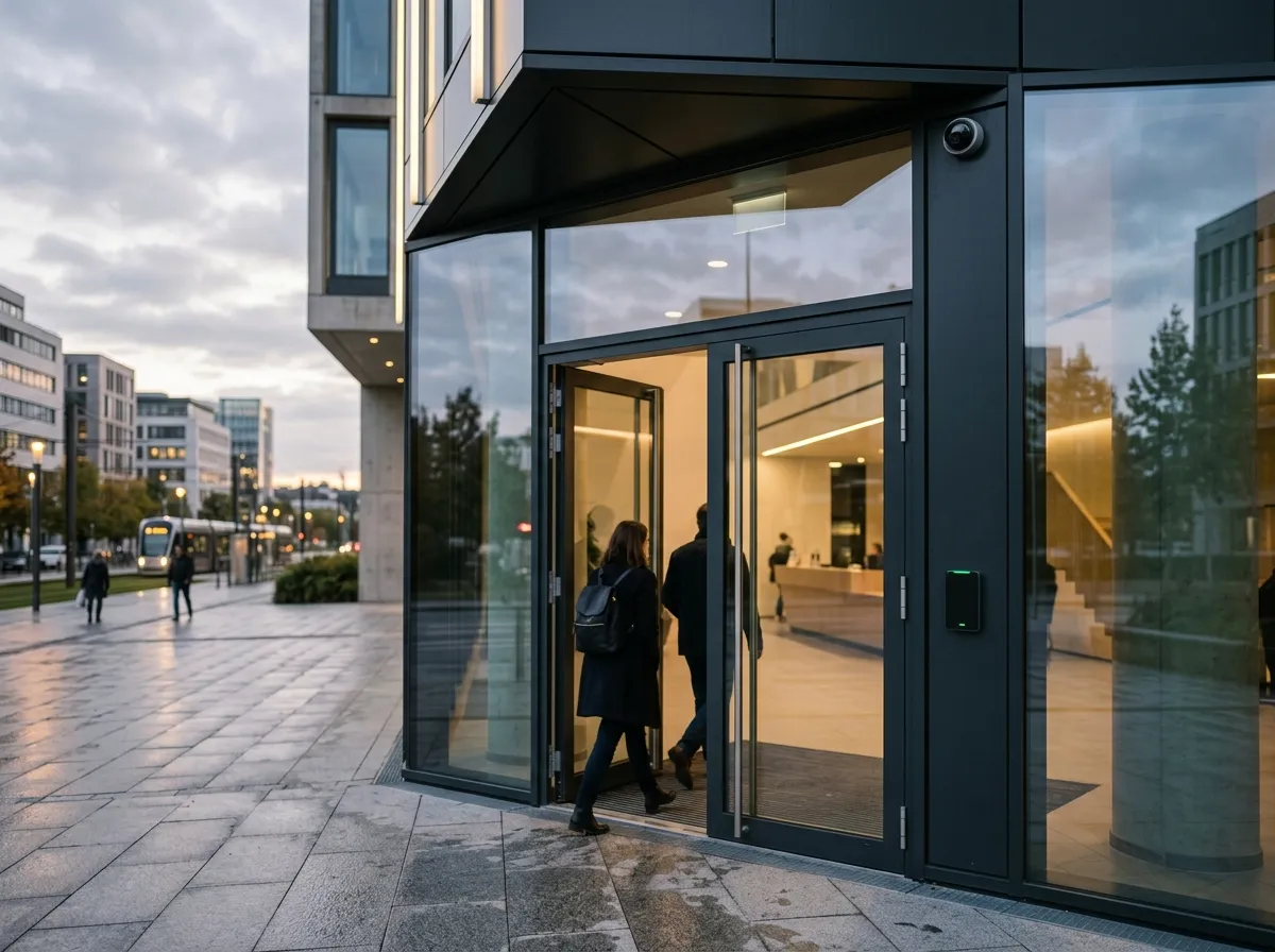 Entrée vitrée d'un immeuble de bureaux avec lecteur de badge et caméra