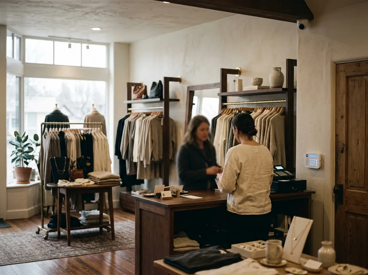 Intérieur d'une boutique avec caméra au plafond et clavier d'alarme près du comptoir