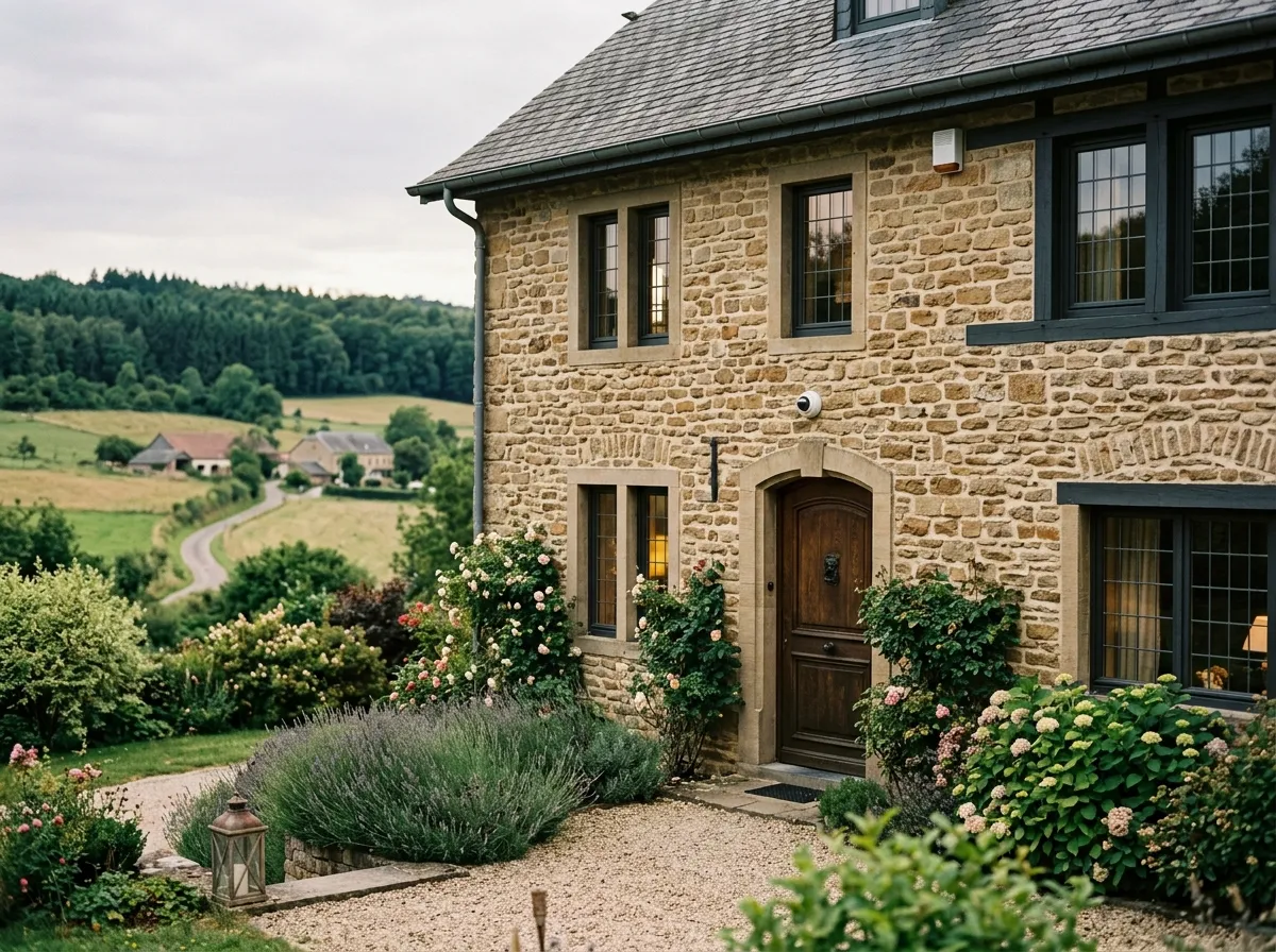 Maison en pierre rénovée équipée d'une caméra discrète au-dessus de l'entrée